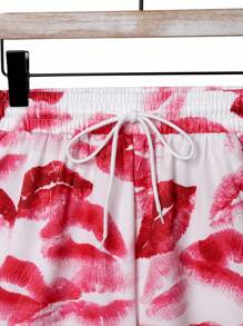 Manfinity KASUA 男士唇印短袖上衣和短裤，休闲沙滩装男士沙滩装套装度假套装男士 - 粉色 - 查看 6