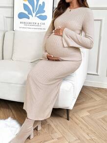SHEIN Pregnant Women's Solid Color Ribbed Crew Neck Long Sleeve Dress - Khaki - View 4