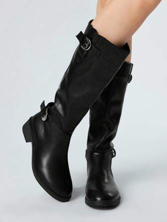 Grunge Punk Damen Dunkel Rock Punk Goth Leder Kniehohe Stiefel mit spitzer Zehenkappe, Schnallenverschluss, Halloween