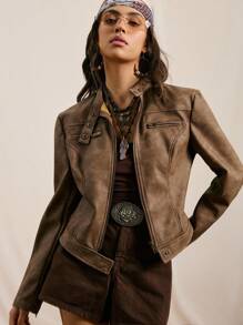 Easelle Women's Autumn Fashion Street Chic Motorcycle Style PU Leather Zip-Up Cropped Jacket,Fall,Brown Jacket