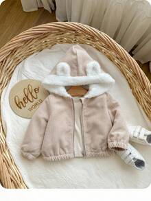 SHEIN Newborn Baby Girl Cute Versatile Pink Corduroy Hooded Jacket, Autumn/Winter Baby Bear Jacket Baby Hooded Cardigan Baby Girl Cute Sweater Jacket Winter Baby Girls Clothes Toddler Winter Jacket Fall