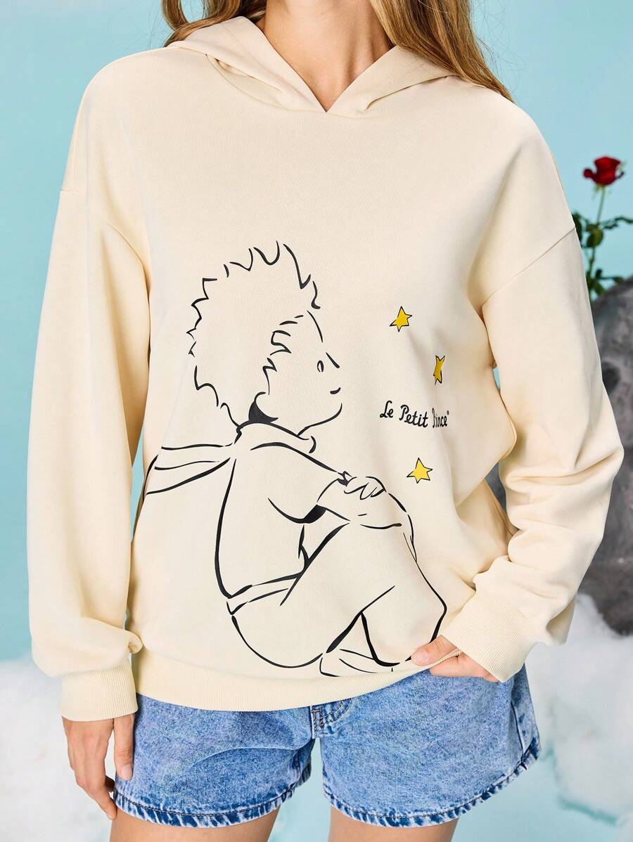 LE PETIT PRINCE X SHEIN 女士休闲卡通人物与字母图案落肩宽松连帽衫，适合春秋季 - 米色 - 查看 1