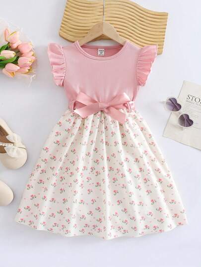 Vestido floral de niña, cuello redondo con mangas de vuelo + falda floral, combinado con cinta para la cintura, moda linda y encantadora, regalo de cumpleaños ideal para niñas. Vestido floral para niñas, vestido con volantes para niñas, vestido con lazo para niñas, vestido rosa para niñas, vestido para niña pequeña