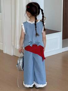 Dazy Kids 2pcs Young Girls Lace Patchwork Sleeveless Top And Wide Leg Jeans Pants Set - Light Wash - View 3