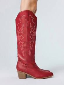 ROMWE 女式牛仔靴套脚酒红色精致刺绣西部靴，皮革户外休闲过膝马靴 - 酒紅色 - 查看 4