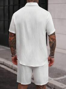Manfinity CasualCool Bộ đồ nam gồm áo sơ mi ngắn tay và quần short đơn sắc tối giản hàng ngày, bộ đồ vải lanh trắng hai mảnh cho nam, bộ đồ nam hai mảnh mùa hè, bộ đồ quần short trắng hai mảnh cho nam - trắng - Xem 5