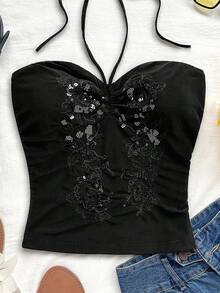 Soleia Party Women's Vacation Casual Sequin Embroidery Backless Halter Top