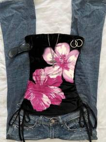 Attitoon 休闲简约粉色花卉图案女式褶饰前系带抹胸上衣，适合夏季 - 黑色 - 查看 1