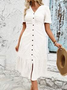 SHEIN Clasi Hollow Out Embroidered Button Up Dress With Ruffle Hemline Maxi Women Outfit - Apricot - View 3