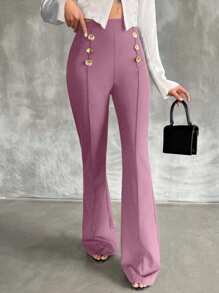 SHEIN Tall Pantalones acampanados de doble botonadura decorativa de talla alta - Rosa vieja - View 3