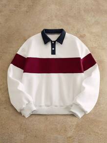 Manfinity NXTstreet 男式休闲针织拼布宽松 Polo 领长袖运动衫，秋冬 - 彩色 - 查看 1