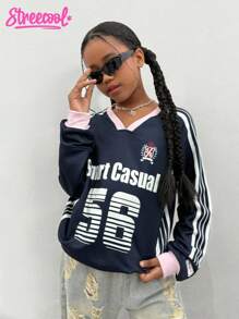 Tween Girl Navy Blue And White Number Print Sweatshirt,Autumn Casual School Back-To-School Long Sleeve T-Shirt,Vibrant Color Contrast Numeric Design - Royal Blue - View 7