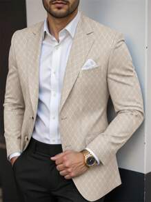 Manfinity Mode 男士休闲翻领单排扣西装外套，男士休闲纯色单扣西装外套，适合日常穿着，INS 畅销商品 - 卡其色 - 查看 5