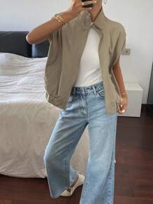 DAZY Women's Sleeveless Casual Stand Collar Zip Up Jacket Thin Outerwear Vest - Khaki - View 5