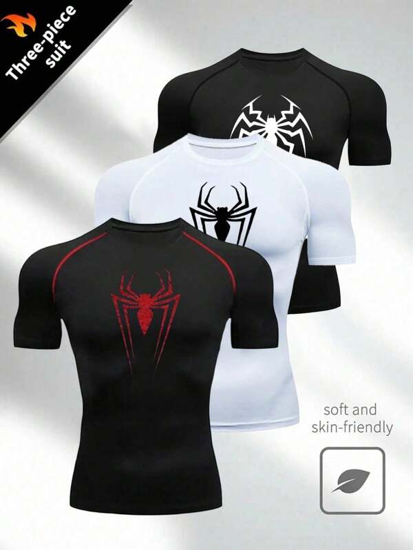 Manfinity Sport Polished T-shirt de sport à col rond, à manches courtes, avec imprimé araignée pour hommes. Vêtements d'été pour le sport, t-shirts et débardeurs de course. Hauts de sport, Top de compression respirant pour la gym