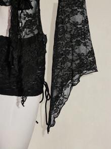 SHEIN ICON Women's Stylish Black V Neck Lace Blouse With Flowy Flare Sleeves,Sexy Top