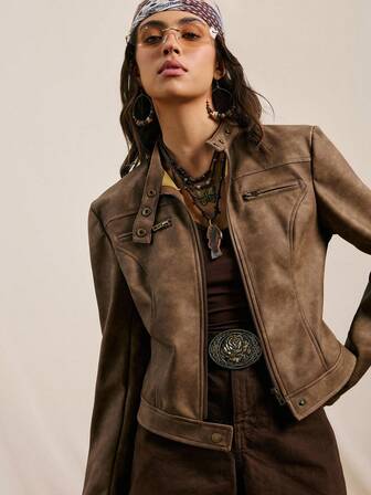 Easelle 女式秋季时尚街头时尚摩托车风格 PU 皮革拉链短款夹克