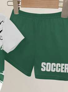 SHEIN 2pcs Baby Boy Casual Fashionable Classic Cool Football Graphic Print Round Neck Short Sleeve Top And Shorts Set, Suitable For Summer, Sports, Football Baby Boy Soccer Outfit Baby Boy Soccer Outfit Soccer Set Baby Boy Clothes Summer Set Green Summer Outfits For Infant Boy Green Soccer Outfit Baby Boy - Multicolor - View 6