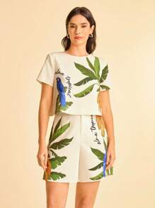 CAJUNI Women's White, Green Palm Tree & Blue Parrot Print Round Neck Short Sleeve Cropped Backless Summer Vacation Beach Casual Top - Multicolor - View 3