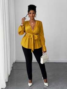 Maweii Áo cánh quyến rũ, thanh lịch, cổ chữ V sâu, trang trọng, cỡ lớn, eo thắt chặt, gợi cảm - Màu vàng - Xem 6