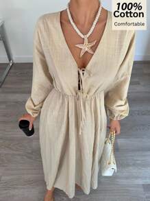 Siren Gaze Váy dài chữ A lưng thun cotton nguyên chất mới dành cho nữ - Màu be - Xem 5