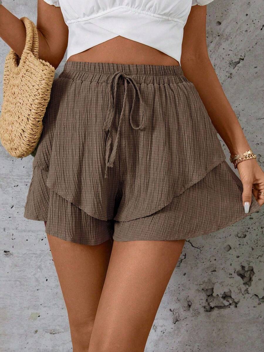 SHEIN LUNE Quần short hai lớp cạp rút thoải mái mùa hè dành cho nữ - Cà phê nâu - Xem 1