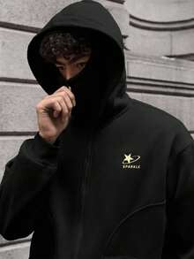 青少年男孩黑色连帽街头休闲运动衫，面料柔软，适合上学、旅行、户外运动，四季皆宜 - 黑色 - 查看 2