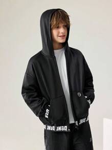 JNSQ Back To School Clothes, Tween Girl And Boy Outdoor Casual Hooded Sweatshirt Jacket, 3M Reflective Letter Print Elastic Hem Hooded Sweatshirt Outerwear, Suitable For Autumn, Winter Daily Wear, Outdoor Activities, Vacation, Streetwear, Party And Leisure - Black - View 4