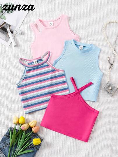 4件套女童马卡龙色镂空百搭设计短款背心