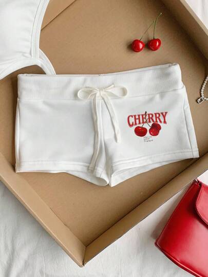 Comfortcana Casual Minimalist Cherry Print White Pattern Drawstring Waist Slim Fit Shorts Suitable For Going Out
