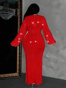 Maweii Đầm maxi dự tiệc cỡ lớn dành cho nữ, gợi cảm, cổ chữ V sâu, tay phồng, đính sequin, màu đỏ. - Đỏ - Xem 3