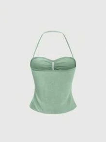 Sweetra Ladies' Solid Color Simple Daily Wear Halter Neck Tank Top Y2K  - Mint Green - View 2