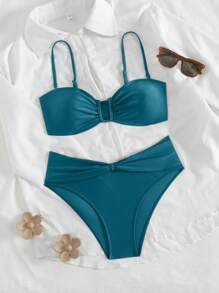 Swim Chiccia 2 件套女士纯色细肩带 U 领可拆卸肩带上衣和高腰比基尼泳裤泳衣套装 - 藍色 - 查看 6