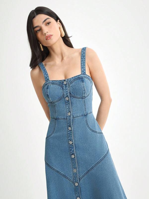Daynim Combinaison en jean décontractée sans manches à encolure carrée et simple boutonnage pour femmes