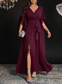 Auvina Plus Size Women's Solid Color Fitted V-Neck Flare Sleeve Tie Waist Ruched Slit Elegant Party Maxi Dress