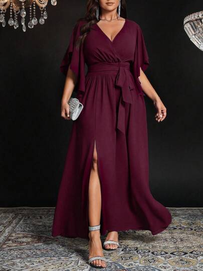 Auvina Plus Size Women's Solid Color Fitted V-Neck Flare Sleeve Tie Waist Ruched Slit Elegant Party Maxi Dress