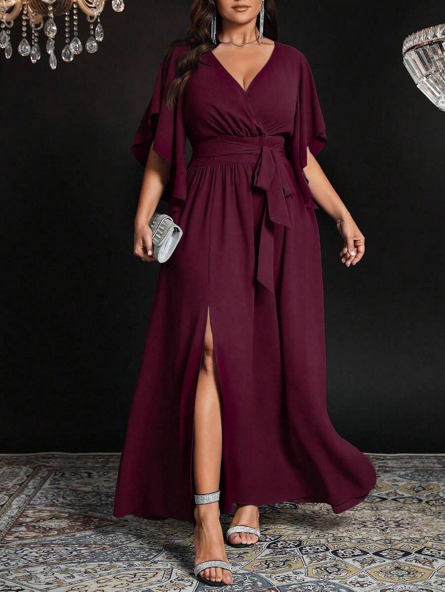 Auvina Plus Size Women's Solid Color Fitted V-Neck Flare Sleeve Tie Waist Ruched Slit Elegant Party Maxi Dress