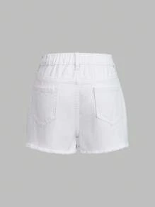 青少年女孩时尚双腰带纽扣设计白色牛仔短裤 - 白色 - 查看 2