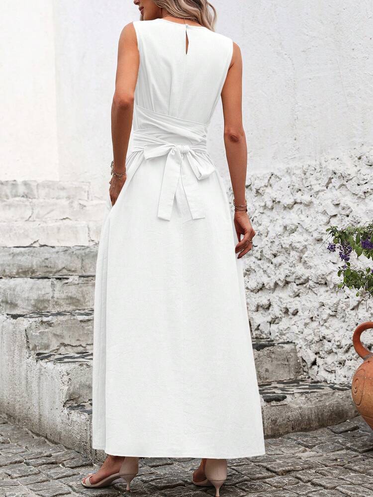 SHEIN Clasi Vestido sin mangas de unicolor con cintura fruncida y pliegues superpuestos para mujeres - Blanco - Añade 2