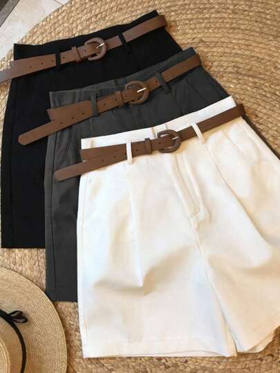 SHEIN Pantalones cortos casuales a cuadros negros y blancos para mujer de talla grande, adecuados para ir al trabajo, la oficina, el ocio y actividades al aire libre (cinturón no incluido)