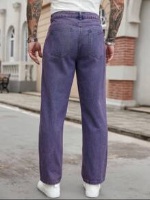 Manfinity Homme Loose Fit Men's Cotton Solid Color Slant Pocket Jeans - Purple - View 2