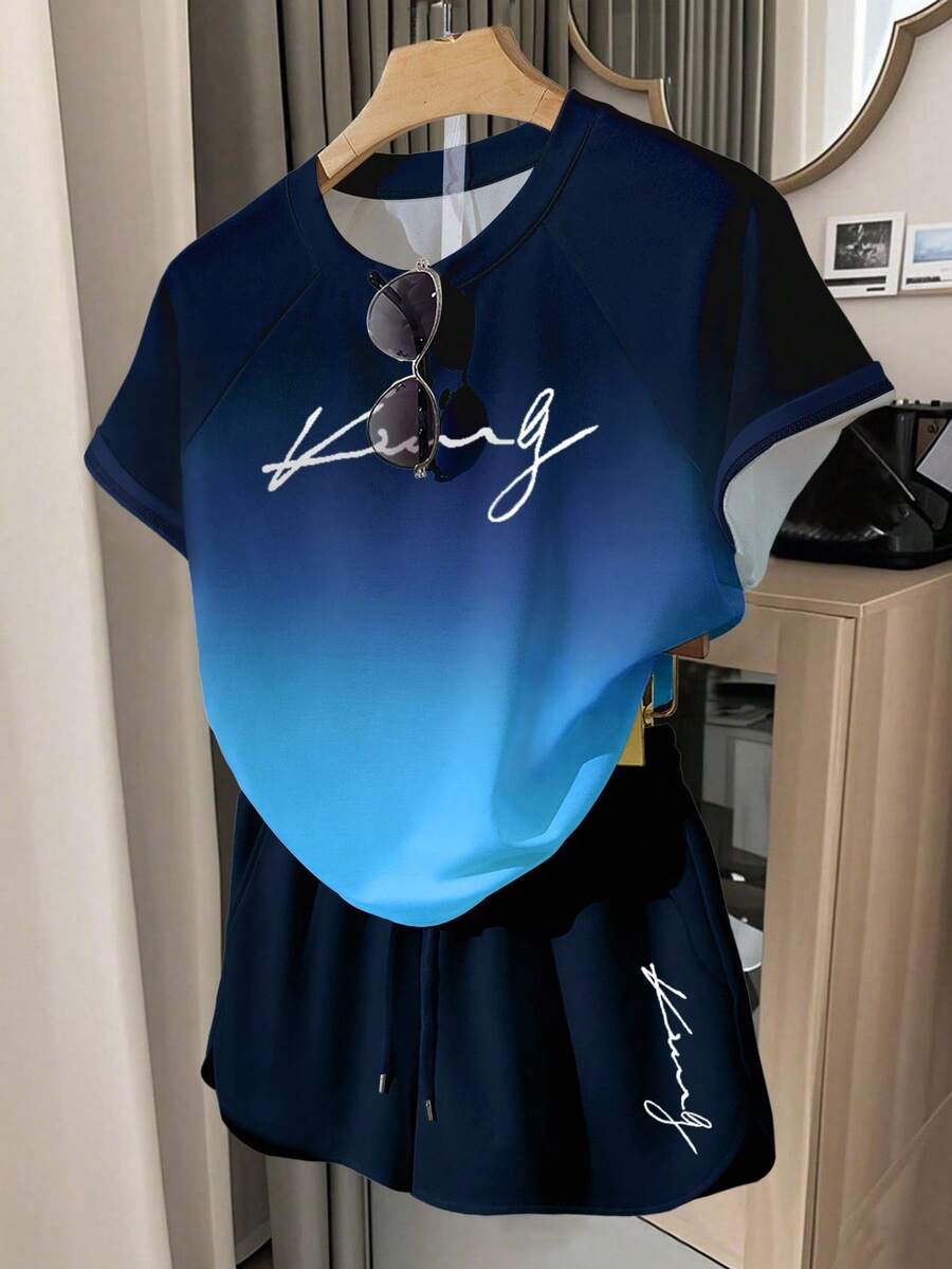 INAWLY Women's Casual Ombre Letter Print T-Shirt And Shorts Set, Summer