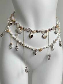 ROMWE 1pc Women's Beach Vacation Style Double Layer Baroque Pearl Shell Conch Tassel Waist Chain - Multicolor - View 5