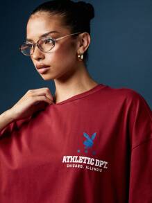 Missguided x Playboy 大學風寬鬆版型 T-Shirt 復古校隊標語街頭風休閒夏季上衣 芝加哥經典美式學院校園風 - 紅色 - 查看 4