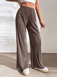 RueChic Pantalon En Tricot Côtelé À Coupe Droite Et Couleur Unie - Taupe - Voir 3