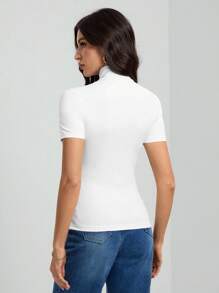 SHEIN Tall Camiseta básica de cuello alto de unicolor negro de manga corta para mujer - Blanco - Ver 2