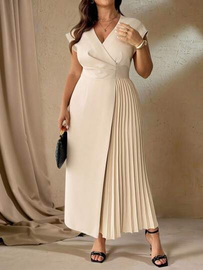 Roveilla Plus Size Women's Elegant Minimalist V-Neck Pleated Loose Casual Vacation Office Business Ankle-Length Dress, Solid Color With Dropped Shoulder