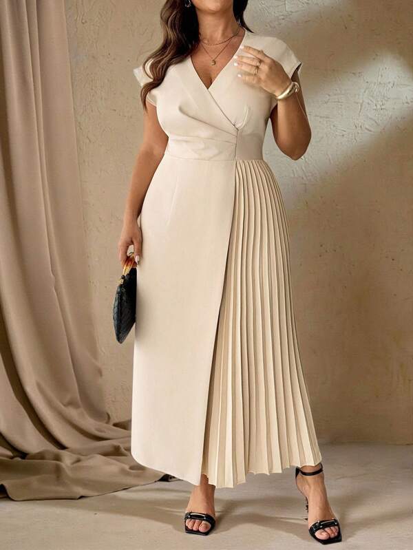 Roveilla Plus Size Women's Elegant Minimalist V-Neck Pleated Loose Casual Vacation Office Business Ankle-Length Dress, Solid Color With Dropped Shoulder