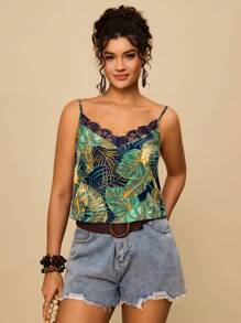 SHEIN VCAY 大码女式绿色热带印花宽松吊带背心，V 领蕾丝边肩带图案衬衫，适合夏季度假 - 綠色 - 查看 5