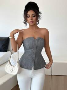 Chiquease Casual Sexy Open Front Zip Up Herringbone Texture Women Crop Top - Black and White - View 4